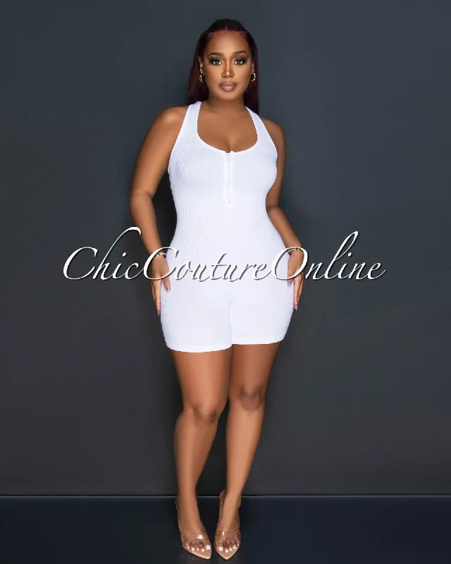 Casual Elegance Saira Off-White Ribbed Racer Back Body-Con Romper