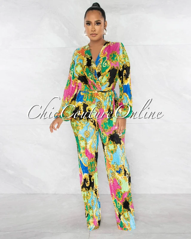 Ultra-lightweight Serran Black Multi Color Print Padded Shoulders Ribbed Jumpsuit