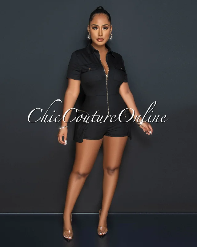 Stylish Ease Sidney Black Cargo Pockets Utility Romper