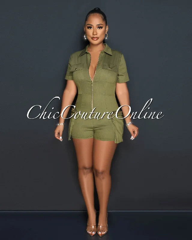 Relaxed Chic Sidney Olive Green Cargo Pockets Utility Romper