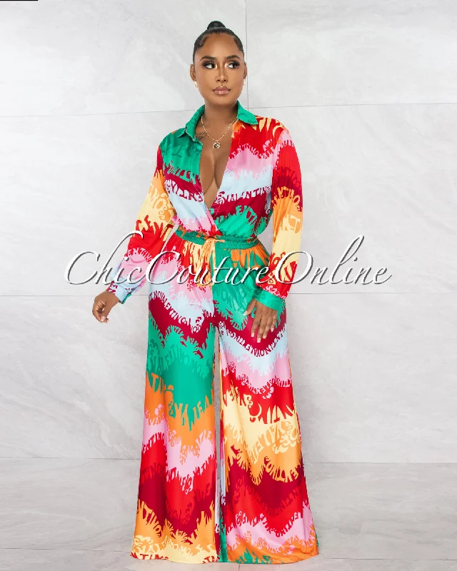 Modern Comfort Wear Tabitha Green Red Multi-Color Retro Print Deep V-Neck Jumpsuit