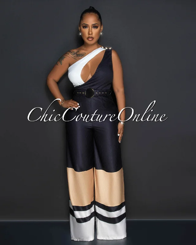 Cozy Apparel Thera Black White Nude Single Shoulder Gold Buckle Belt Jumpsuit