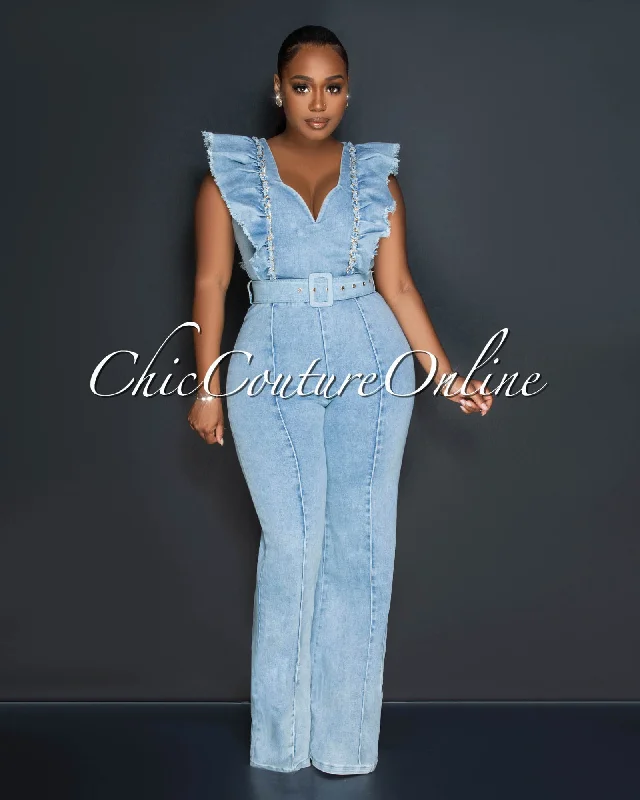Urban Chic Watson Light Denim Gold Link Ruffle Jumpsuit
