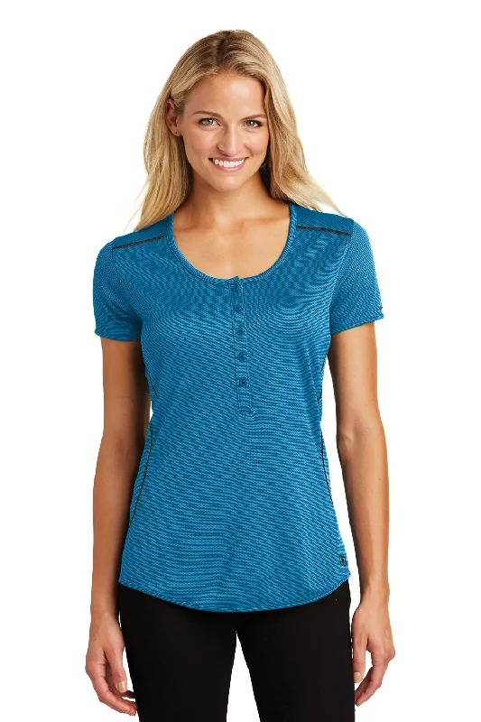 Soft Textures Ogio Womens Orbit Moisture Wicking Short Sleeve Henley T-Shirt - Bolt Blue/Blacktop - Closeout