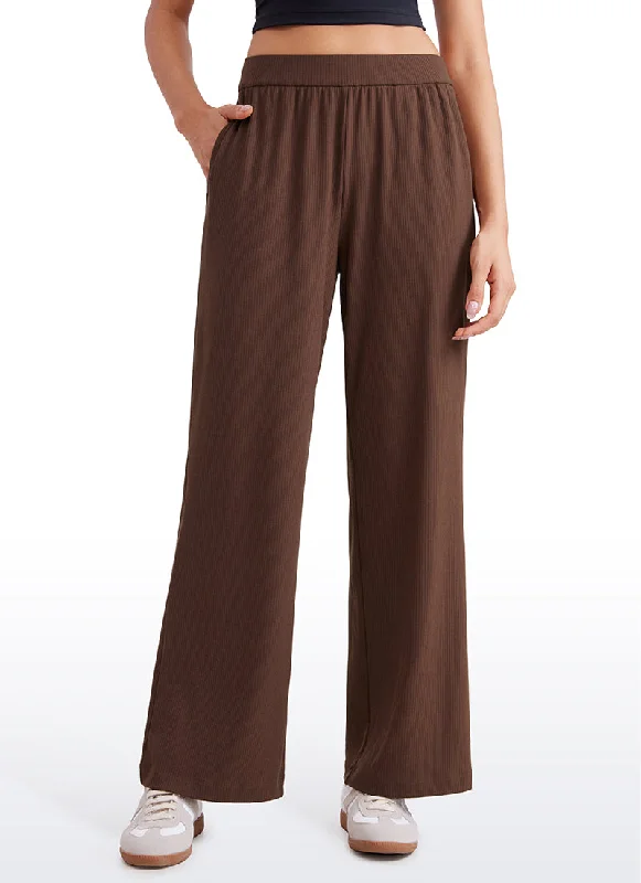High Street Design Ribbed High Rise Wide Leg Sweatpants with Pockets 30.5"