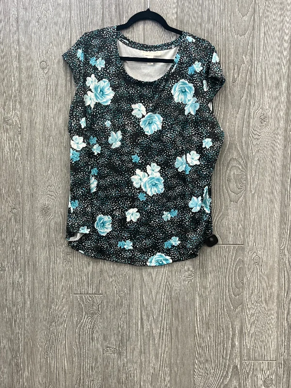 Floral Prints Top Short Sleeve By Emaline In Black & Blue, Size: 1x