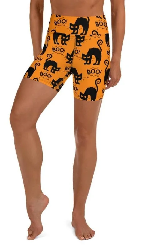 Printed Patterns Black Kitty Halloween Yoga Shorts