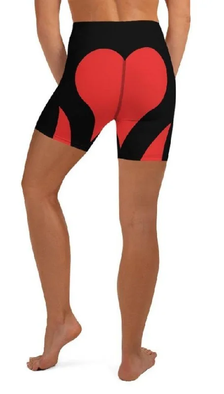 Simple Design Black & Red Heart Shaped Yoga Shorts
