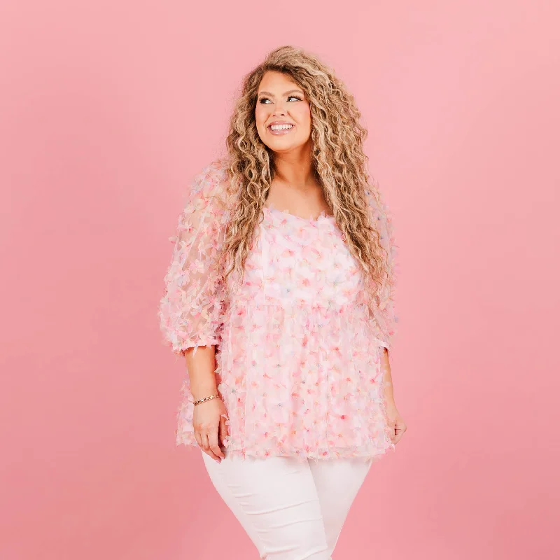 Fresh And Natural Butterfly In The Sky Top, Pink
