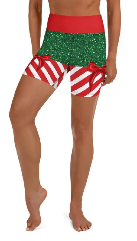 Playful Style Candy Stripe Christmas Yoga Shorts