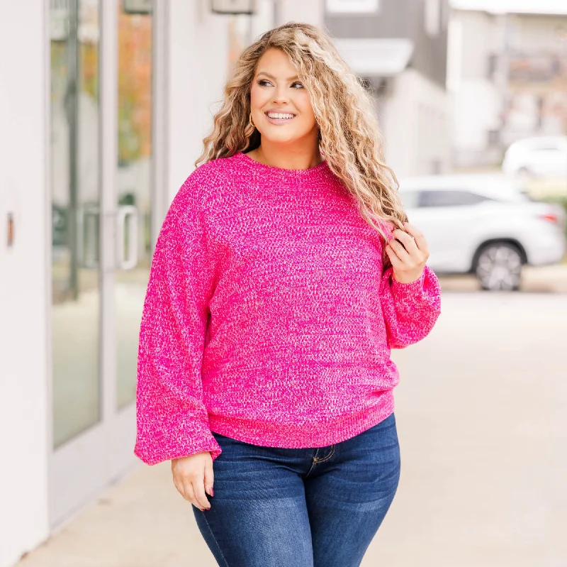 Basic Version Cozy Bubble Sleeve Sweater, Hot Pink