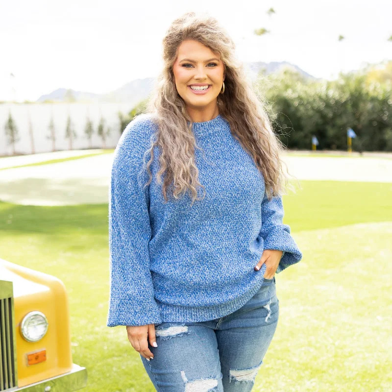 Exquisite Embroidery Cozy Bubble Sleeve Sweater, Pacific Blue