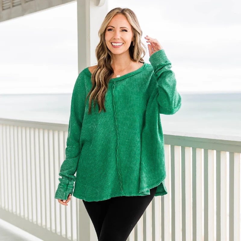 Comfortable Outfits Cozy Waffle Pullover, Kelly Green