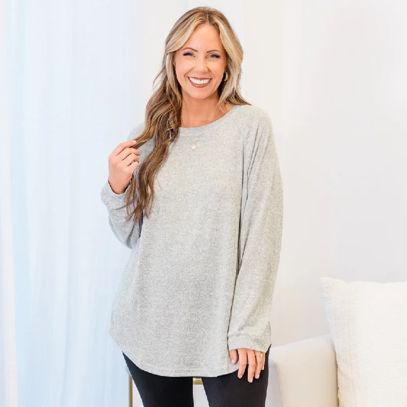 New Products Curved Hem Slouchy Dolman Knitted Tunic, Heather Gray