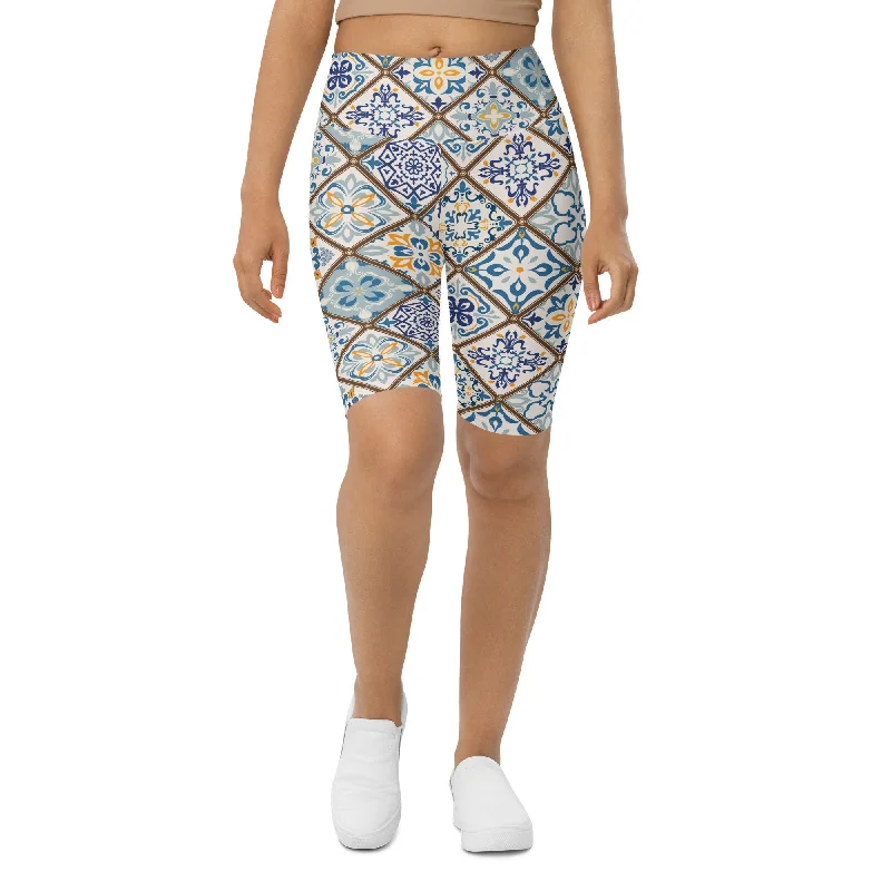 Classic Color Floral Tile Print Biker Shorts