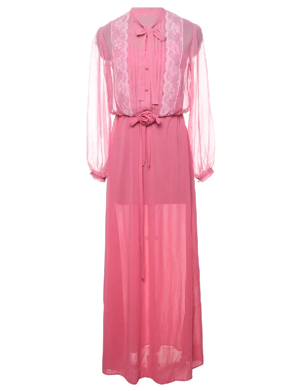 Simple Design Lace Pussy Bow Pink Shirt Dress - M