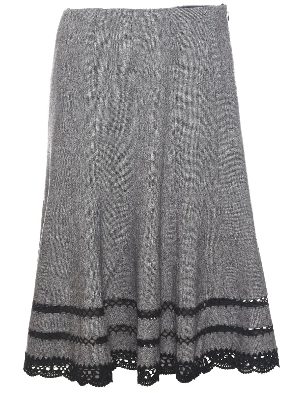New Design Lace Trim Grey Flared Skirt - M