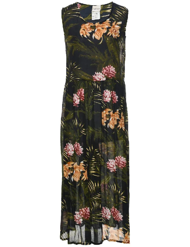 Minimal Style Leafy Print Sleeveless Dress - L