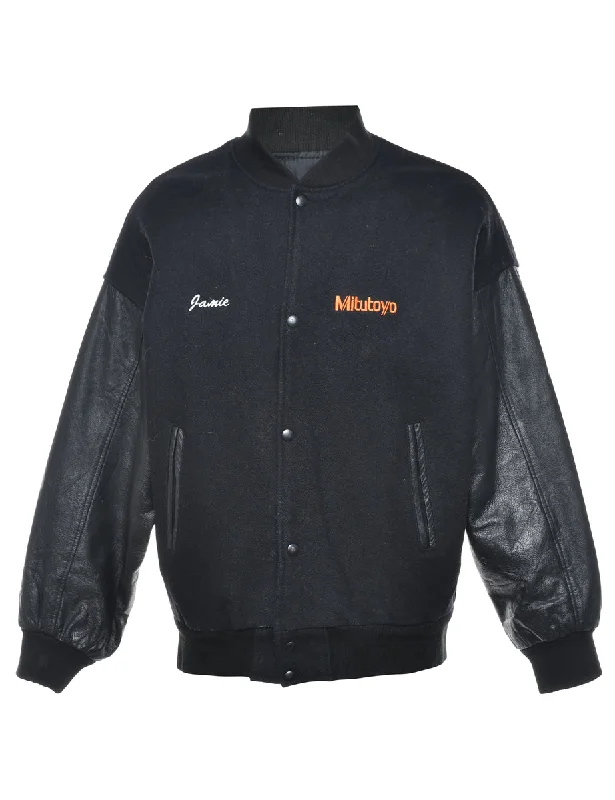 Relaxed And Casual Leather Sleeved Black Team Jacket - L