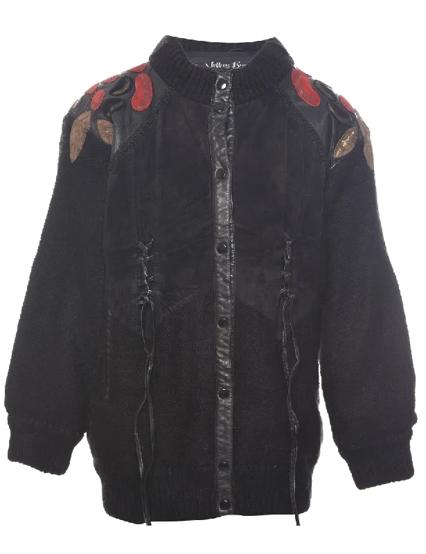 Unique Design Leather Trim Black Cardigan - L