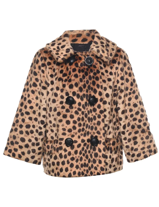 Retro Design Leopard Pattern Faux Fur Coat - M