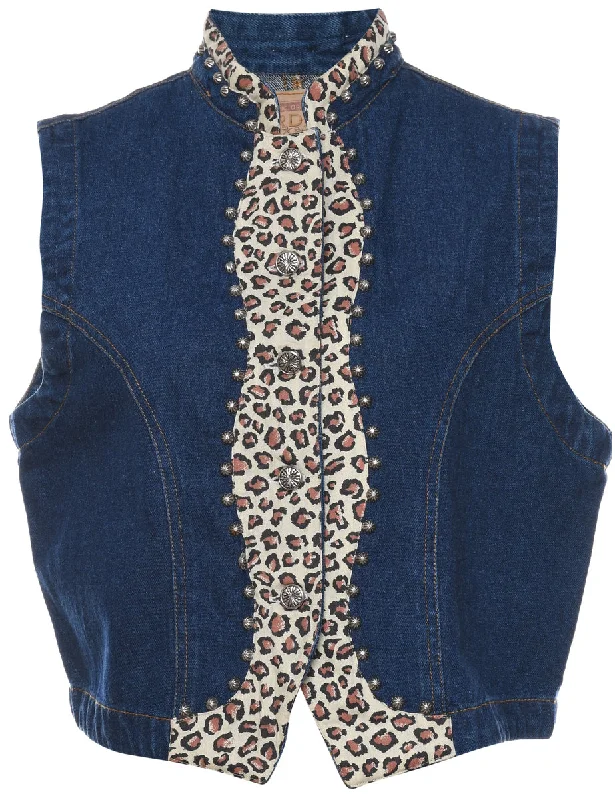 Relaxed Style Leopard Print Dark Wash & Leopard Print Denim Vest - L