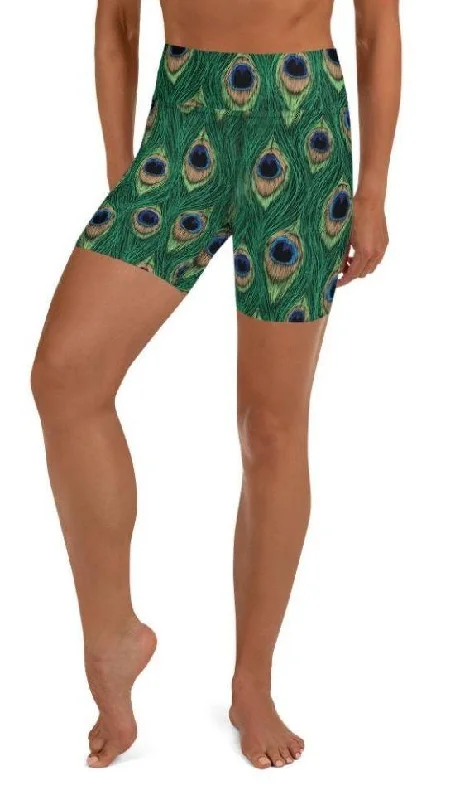 College Style Peacock Print Yoga Shorts