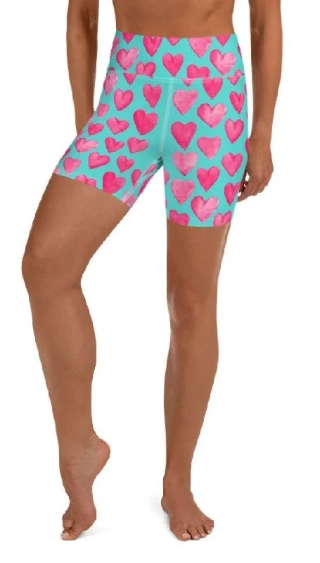 Printed Patterns Pink Hearts Yoga Shorts