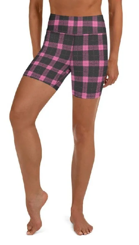 Fashion Comfort Pink Plaid Print Yoga Shorts