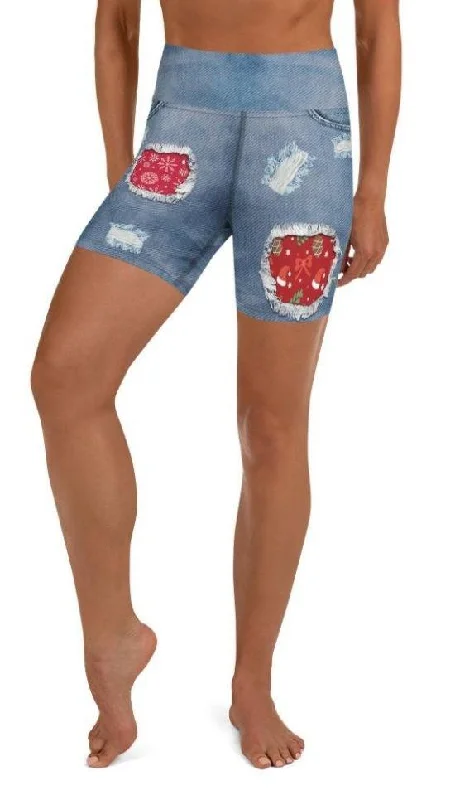 Casual Chic Ripped Denim Christmas Yoga Shorts