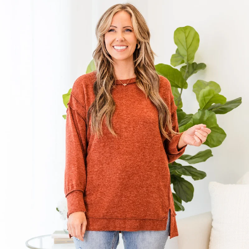 Comfortable And Casual Say Hello Sweater, Dark Rust