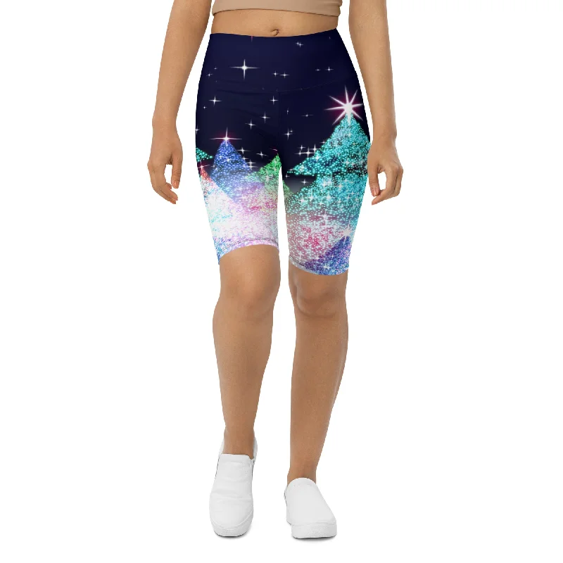 Relaxed Tops Shimmery Christmas Tree Print Biker Shorts