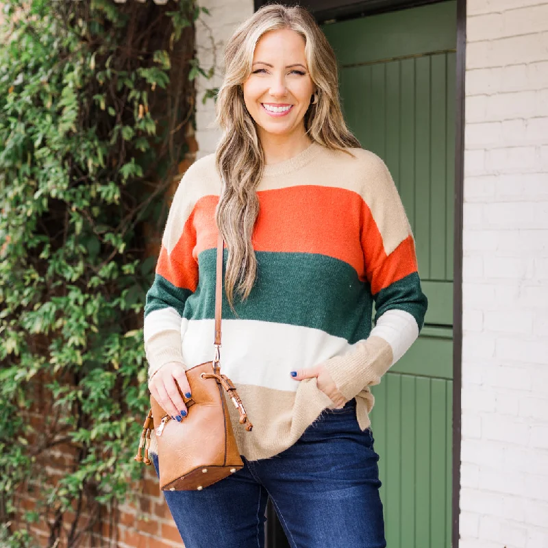 Comfortable And Cold-proof Spice Latte Stripe Sweater, Green-Taupe