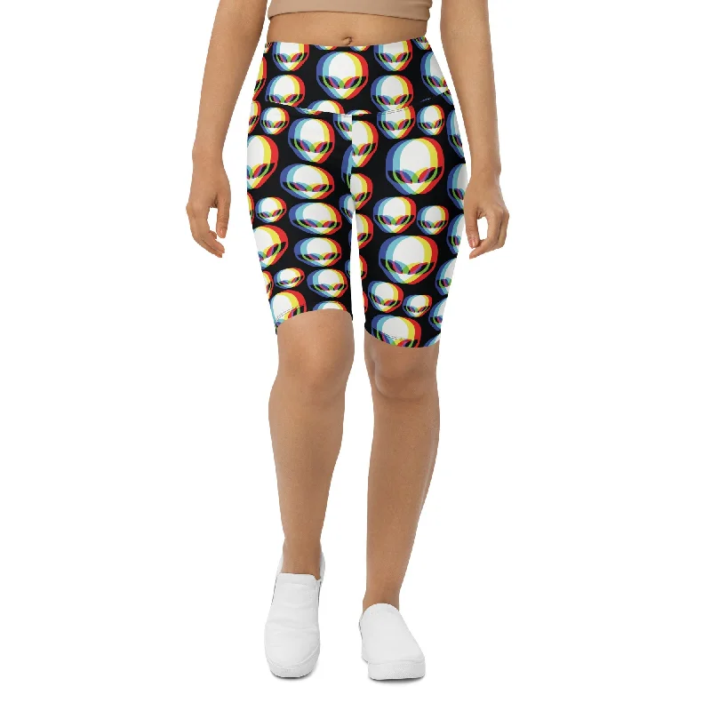 Single-shoulder Neck Design Trippy Alien Biker Shorts
