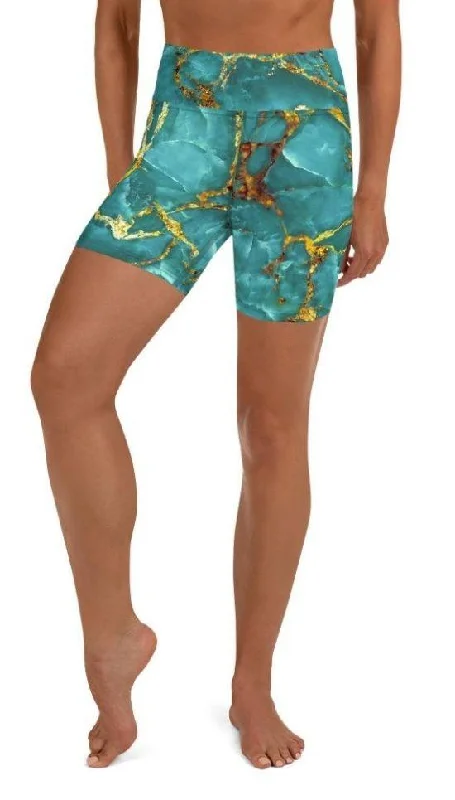 Simple Style Turquoise & Gold Marble Yoga Shorts