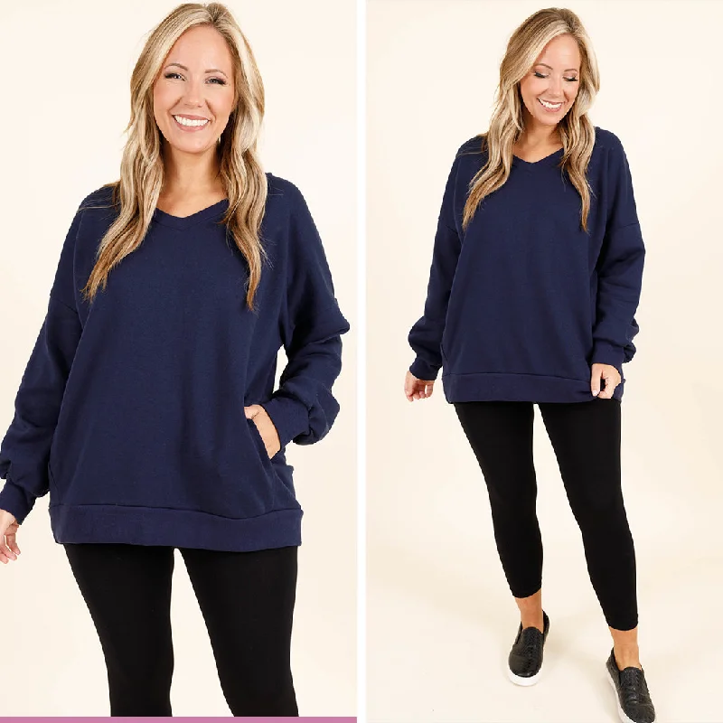 Single-shoulder Neck Design Very Special Sweatshirt, Navy Blue