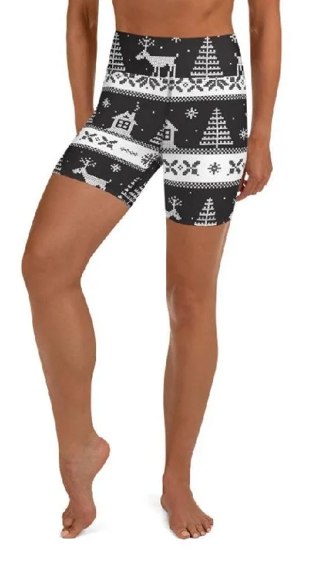 Basic Version Vintage Black & White Christmas Yoga Shorts