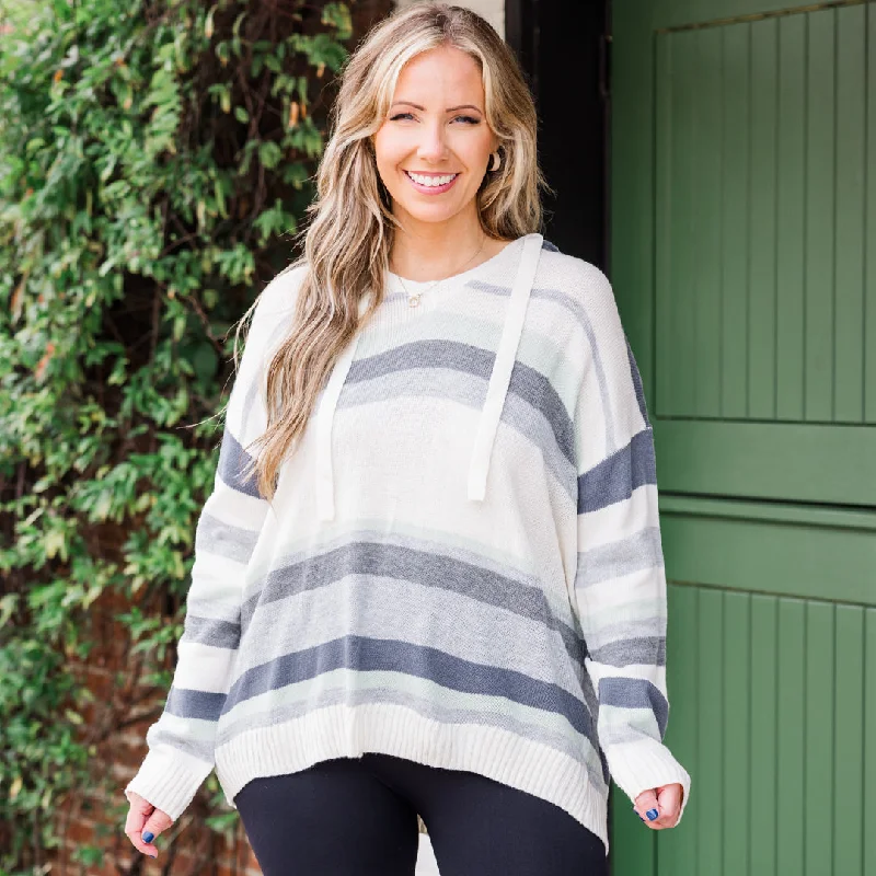 Elegant Temperament Winter Cozy Striped Sweater, Ivory-Sage